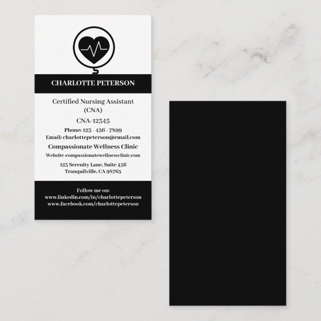 Tarjeta De Visita Enfermera CNA Moderna en Blanco y Negro (Anverso / Reverso)