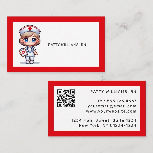 Tarjeta De Visita Enfermera de manga con el código QR de pelo rubio (Anverso / Reverso)