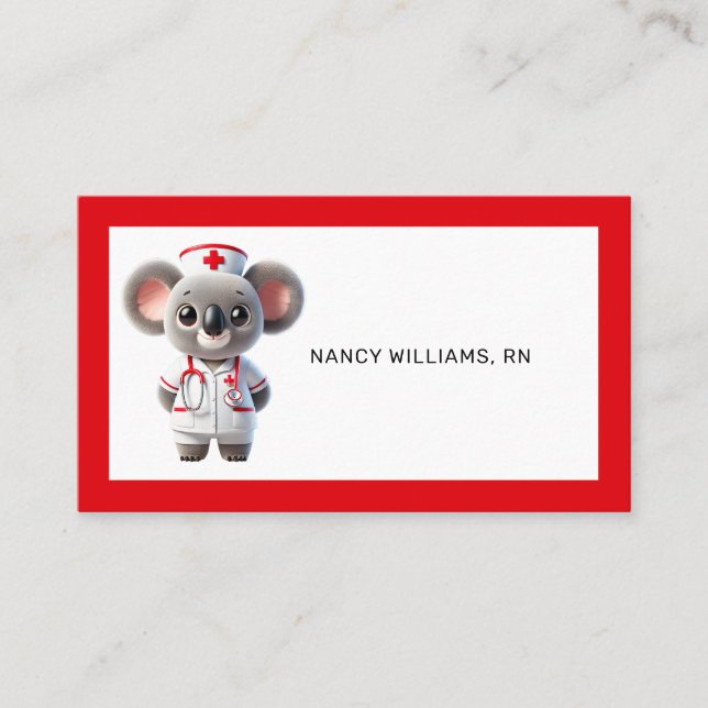 Tarjeta De Visita Enfermera de osito de Koala con estetioscopio rojo (Anverso)