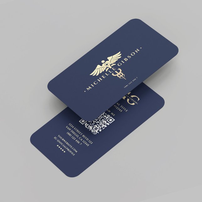 Tarjeta De Visita Enfermera Médica moderna Caduceus Oro Azul oscuro (Modern Doctor Nurse Caduceus Dark Blue Gold Business Card
)