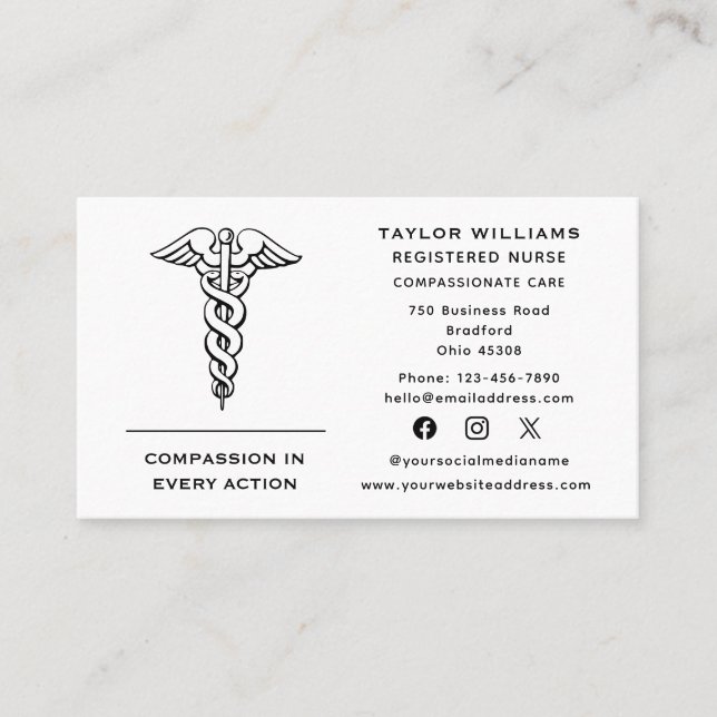 Tarjeta De Visita Enfermera Médico Profesional Cardiólogo Caduceus (Anverso)