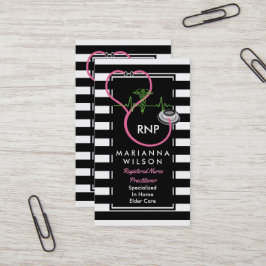 Tarjeta De Visita Enfermera moderna de las rayas de BW que cuida