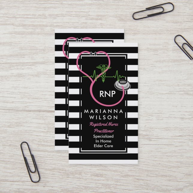Tarjeta De Visita Enfermera moderna de las rayas de BW que cuida (Anverso/Reverso In Situ)