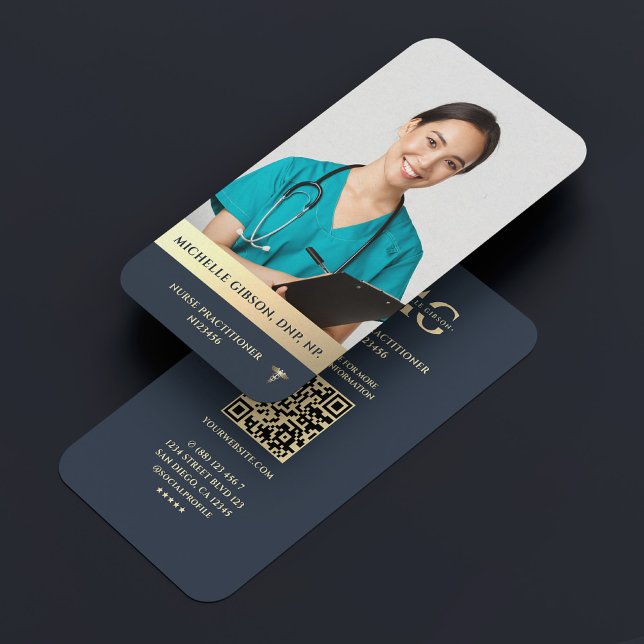 Tarjeta De Visita Enfermera moderna practicante elegante oro azul os (Modern Registered Nurse Practitioner Elegant Dark Blue Gold photo, monogram healthcare business card)