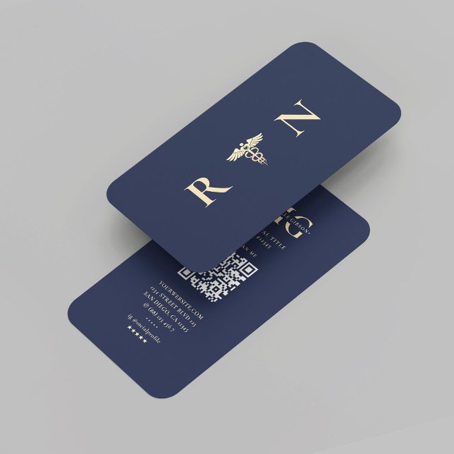 Tarjeta De Visita Enfermera moderna registrada RN Monograma Oro azul (Modern Elegant Registered Nurse RN Monogram Dark Blue Gold Business Card
)