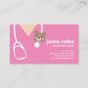 Tarjeta De Visita Enfermera pediátrica Scrubs rosa Teddybear