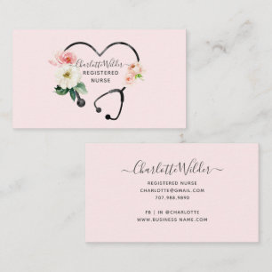 Tarjeta De Visita Enfermera Registrada Estetoscopio Floral Acuarela