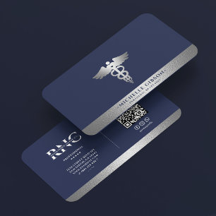 Tarjeta De Visita Enfermera titulada Caduceo Médico Azul Plateado