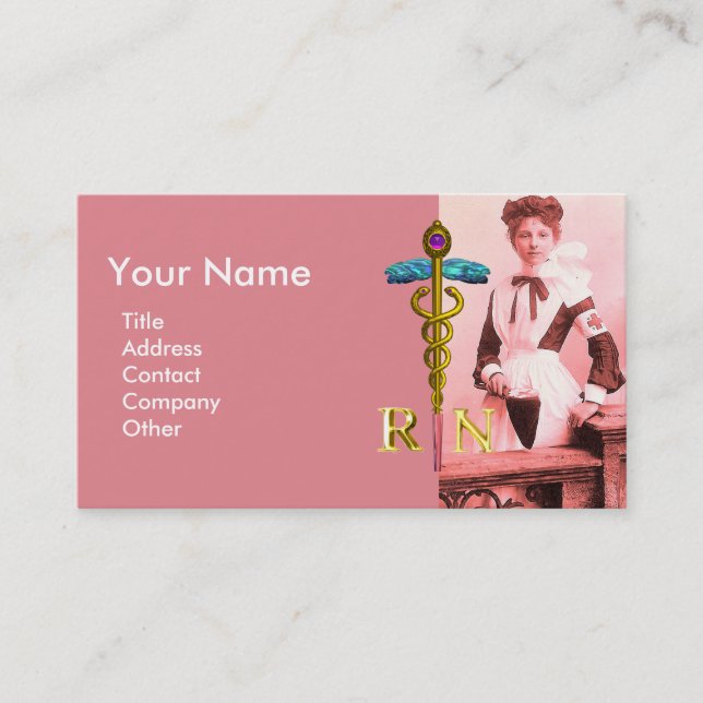 Tarjeta De Visita ENFERMERÍA DE VINTAJE y Caduceus de Oro NR Emblem (Anverso)