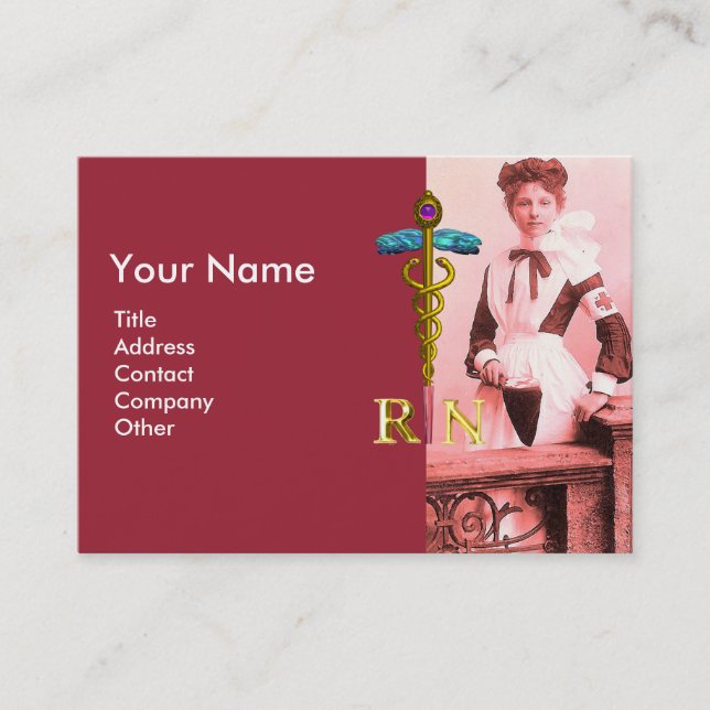 Tarjeta De Visita ENFERMERÍA DE VINTAJE y Caduceus de Oro NR Emblem (Anverso)
