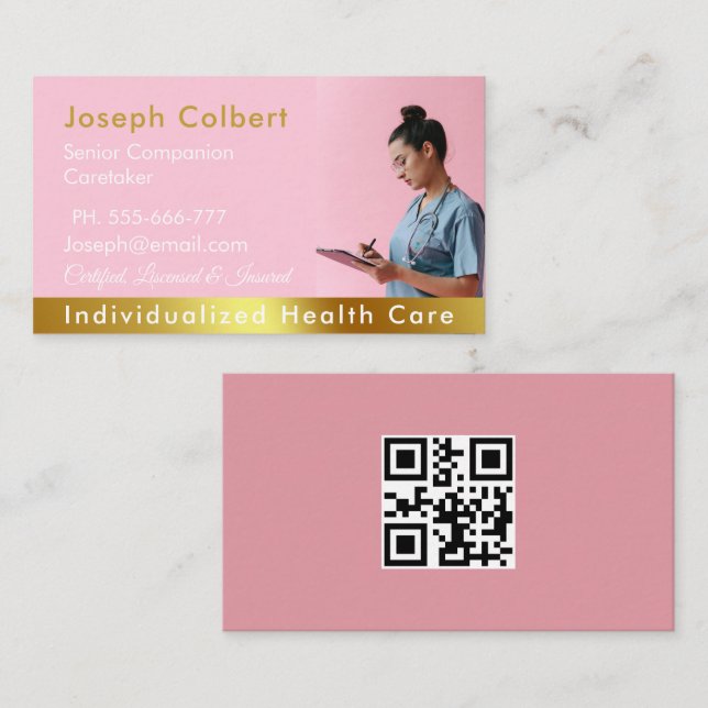 Tarjeta De Visita Enfermero Cuidador Rosa moderno Código QR médico d (Anverso / Reverso)