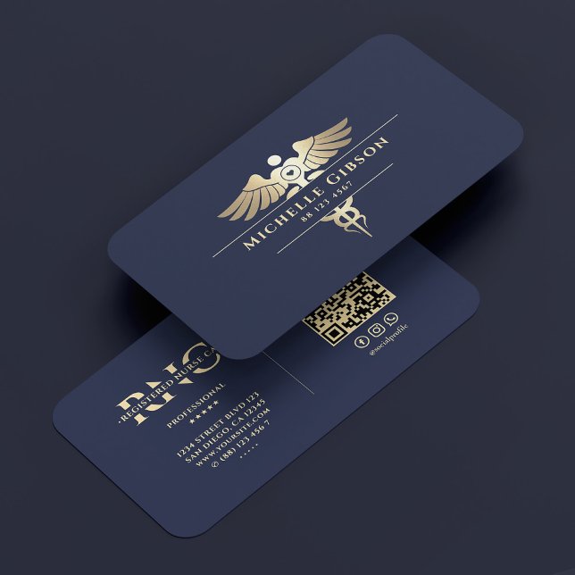 Tarjeta De Visita Enfermero médico moderno Monograma Marina Caducus  (Modern Medical Nurse Monogram Caduceus Navy Blue Business Card
)