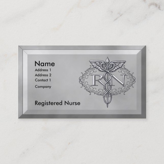 Tarjeta De Visita Enfermero RN Oval Silver Caduceus (Anverso)