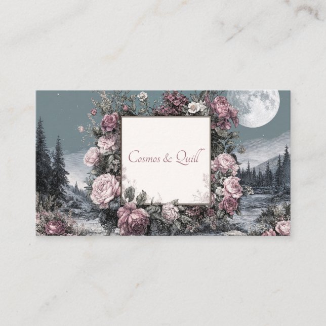 Tarjeta De Visita Engraved Rose Floral and Full Moon Night Landscape (Anverso)