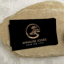 Tarjeta De Visita Enso Zen Circle y Bonsai Tree gold sobre negro