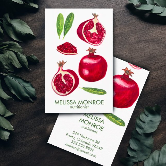 Tarjeta De Visita Entrenador de Chef Nutricionista Pomegranates Frut (Hand painted watercolor pomegranates decorate this custom business card. Add your own text.)