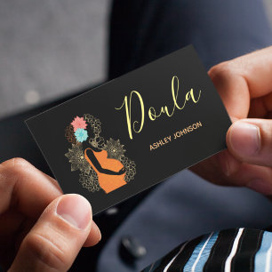 Tarjeta De Visita Entrenador de Parto Doula Partera Caligrafía Flora