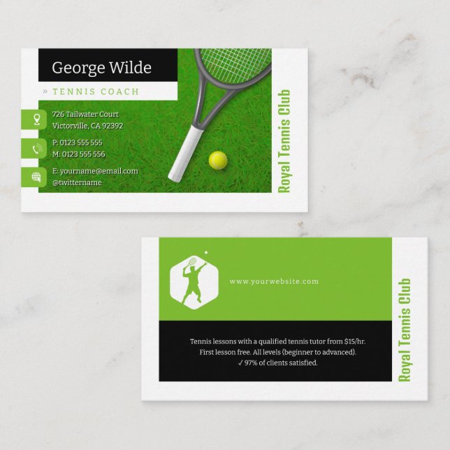 Tarjeta De Visita Entrenador de tenis | Jugador de tenis masculino (Anverso / Reverso)