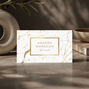 Tarjeta De Visita Entrenador de Vida Minimalista Mármol Dorado Blanc