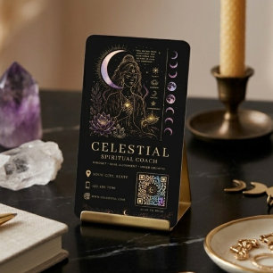 Tarjeta De Visita Entrenador Espiritual Celestial Lujo Negro Oro QR 