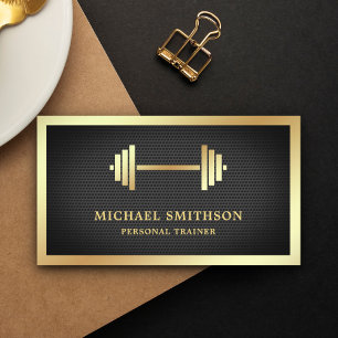 Tarjeta De Visita Entrenador personal de Black Mesh Gold Dumbbell Fi