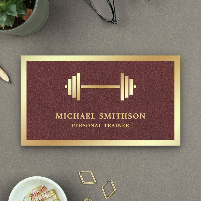 Tarjeta De Visita Entrenador personal de cuero Gold Dumbbell Fitness (Subido por el creador)