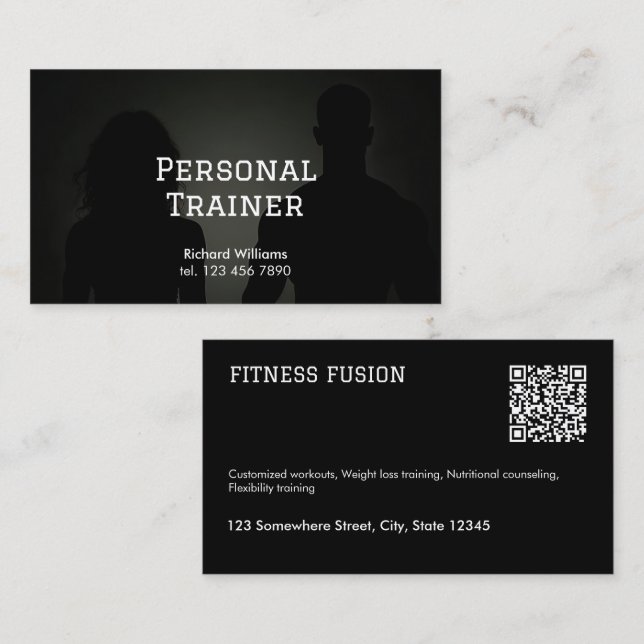 Tarjeta De Visita Entrenador personal de fitness QR negro (Anverso / Reverso)