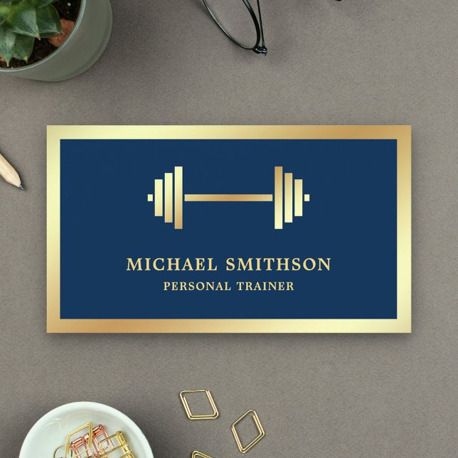 Tarjeta De Visita Entrenador personal de Navy Blue Gold Dumbbell Fit (Subido por el creador)