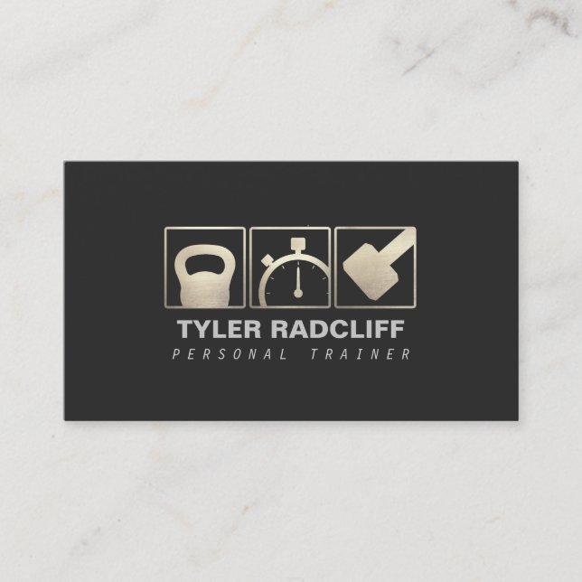 Tarjeta De Visita Entrenador personal Kettlebell, Dumbbell, Stopwatc (Anverso)