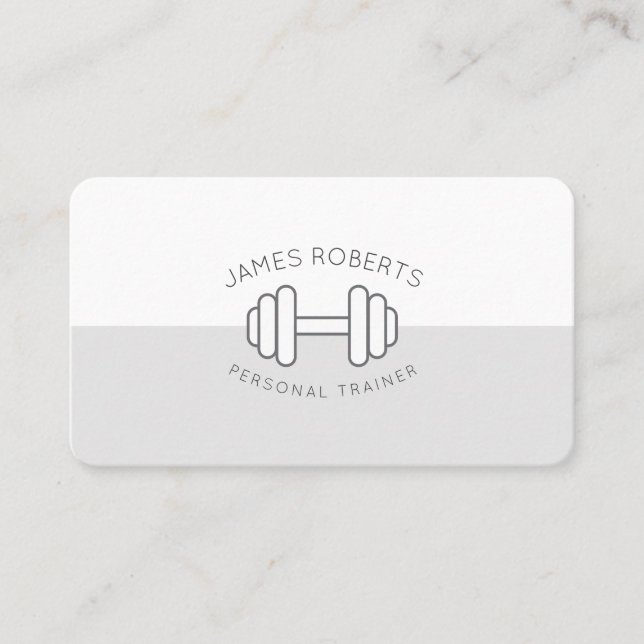 Tarjeta De Visita Entrenador personal mínimo de Dumbbell Gris y Blan (Anverso)