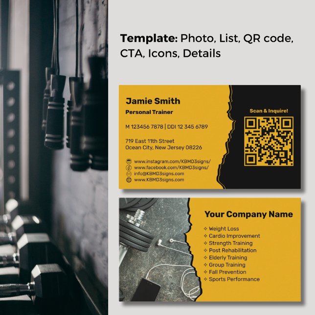 Tarjeta De Visita Entrenador personal profesional de amarillo dorado (Professional Golden Yellow Personal Trainer Business Card, QR code, Service List, Icons)
