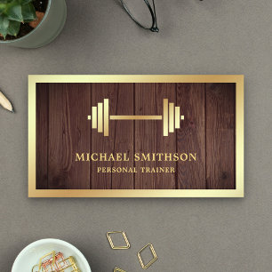 Tarjeta De Visita Entrenador personal Rústico Wood Gold Dumbbell Fit