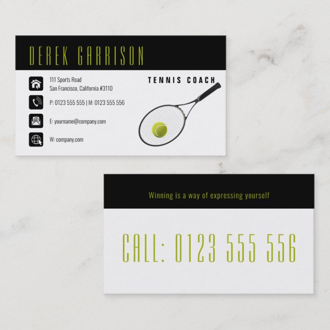 Tarjeta De Visita Entrenador Profesional de Tenis | Tennis Racket (Anverso / Reverso)