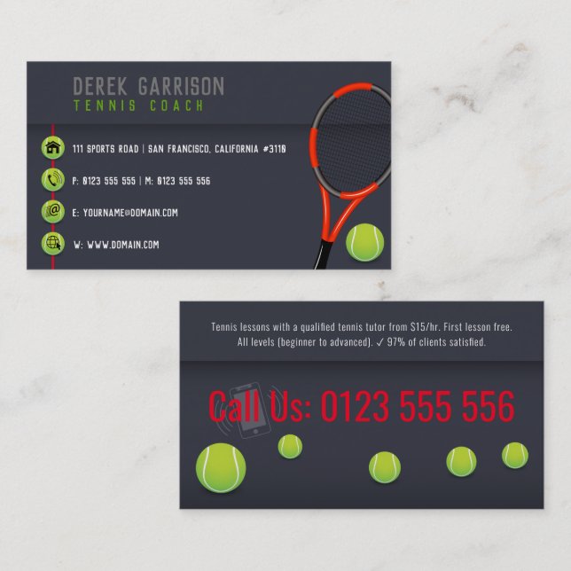 Tarjeta De Visita Entrenador Profesional de Tenis | Tennis Racket (Anverso / Reverso)
