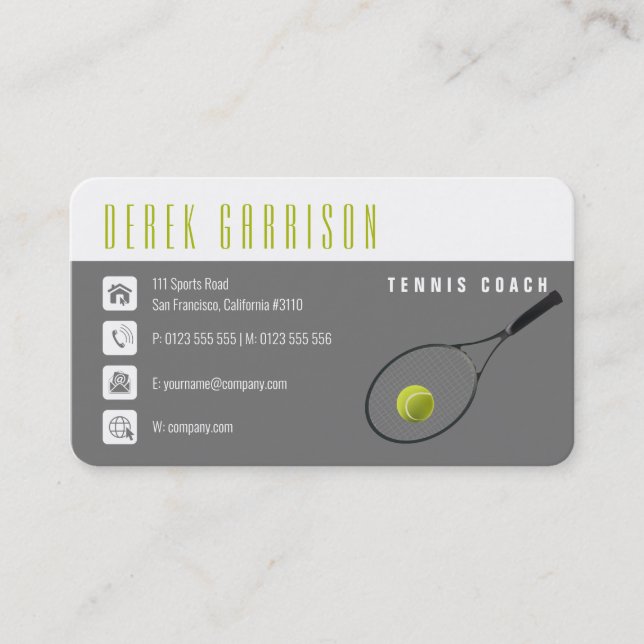 Tarjeta De Visita Entrenador Profesional de Tenis | Tennis Racket (Anverso)