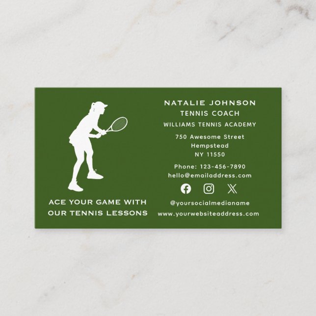 Tarjeta De Visita Entrenadora de tenis en redes sociales deportivas (Anverso)