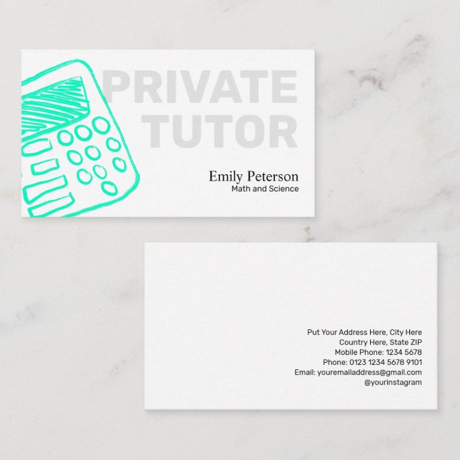 Tarjeta De Visita Esbozo de cálculo turquesa Tutor privado blanco (Anverso / Reverso)