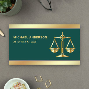 Tarjeta De Visita Escala de Justicia de Oro Verde Oscuro Abogado Let