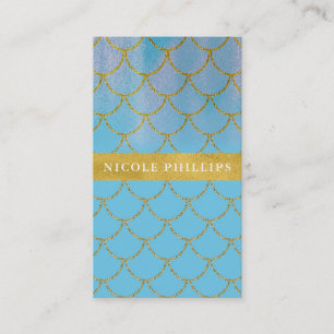 Tarjeta De Visita Escamas de Sirena Brillo Azul y Dorado Glam Moda T