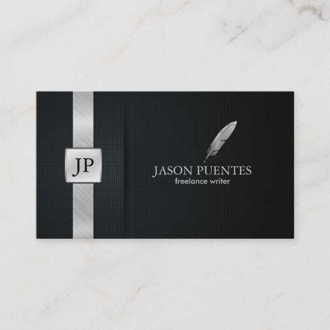 Tarjeta De Visita Escritor negro y de plata elegante (Anverso)
