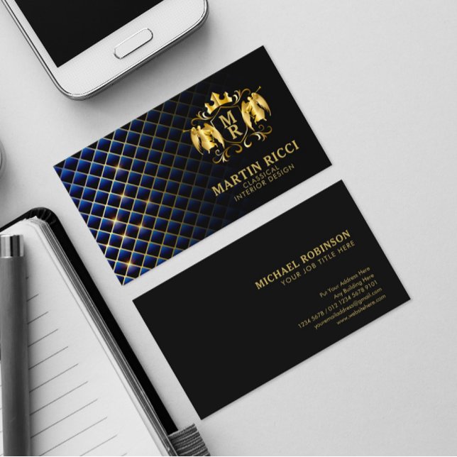 Tarjeta De Visita Escudo Ángel del patrón de diamante azul | Negro l (Subido por el creador)