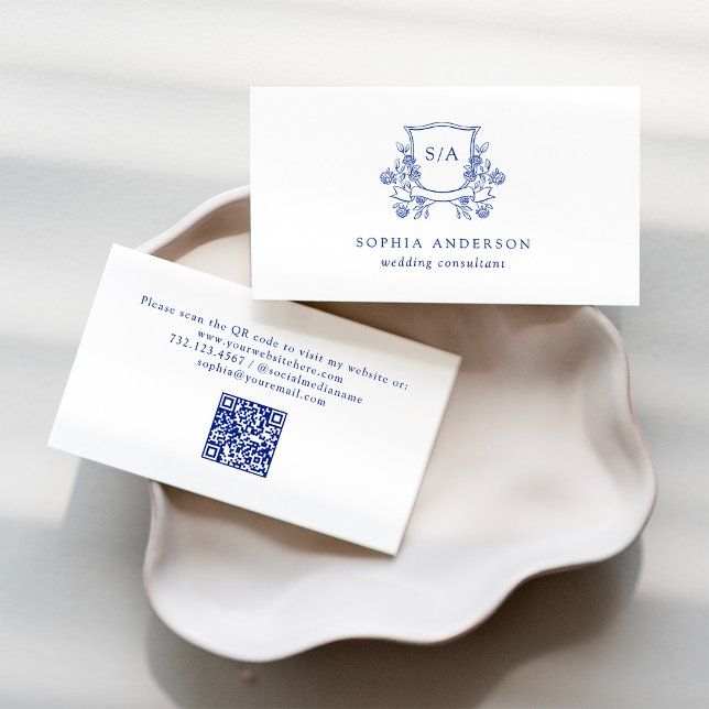 Tarjeta De Visita Escudo elegante y monograma | Azul y blanco (Subido por el creador)