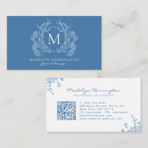 Tarjeta De Visita Escudo floral azul francés moderno Monograma Códig
