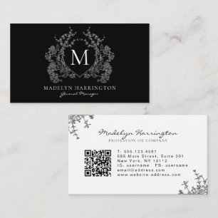 Tarjeta De Visita Escudo floral blanco negro moderno Monograma Códig