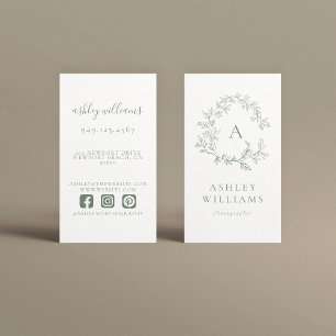 Tarjeta De Visita Escudo floral profesional de monograma verde sabio