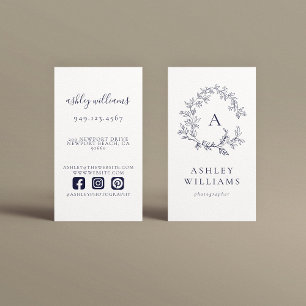 Tarjeta De Visita Escudo floral profesional Monograma azul de la mar