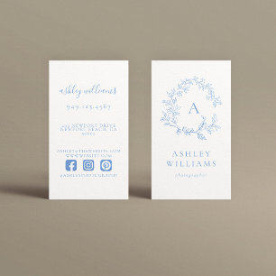 Tarjeta De Visita Escudo Floral Profesional Pastel Blue Monogram