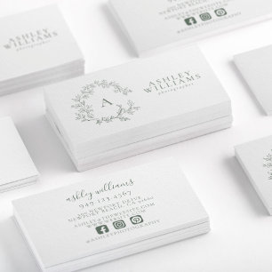 Tarjeta De Visita Escudo floral Sage Green Monogram Profesional