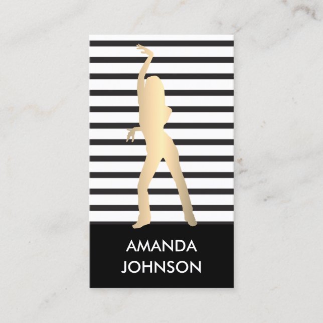 Tarjeta De Visita Escuela de danza Black White Strips QR Code Gold (Anverso)