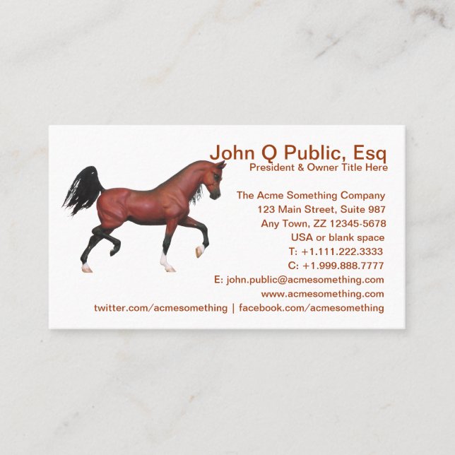 Tarjeta De Visita Escuela de equitación Trotting Bay Arabian Horse F (Anverso)
